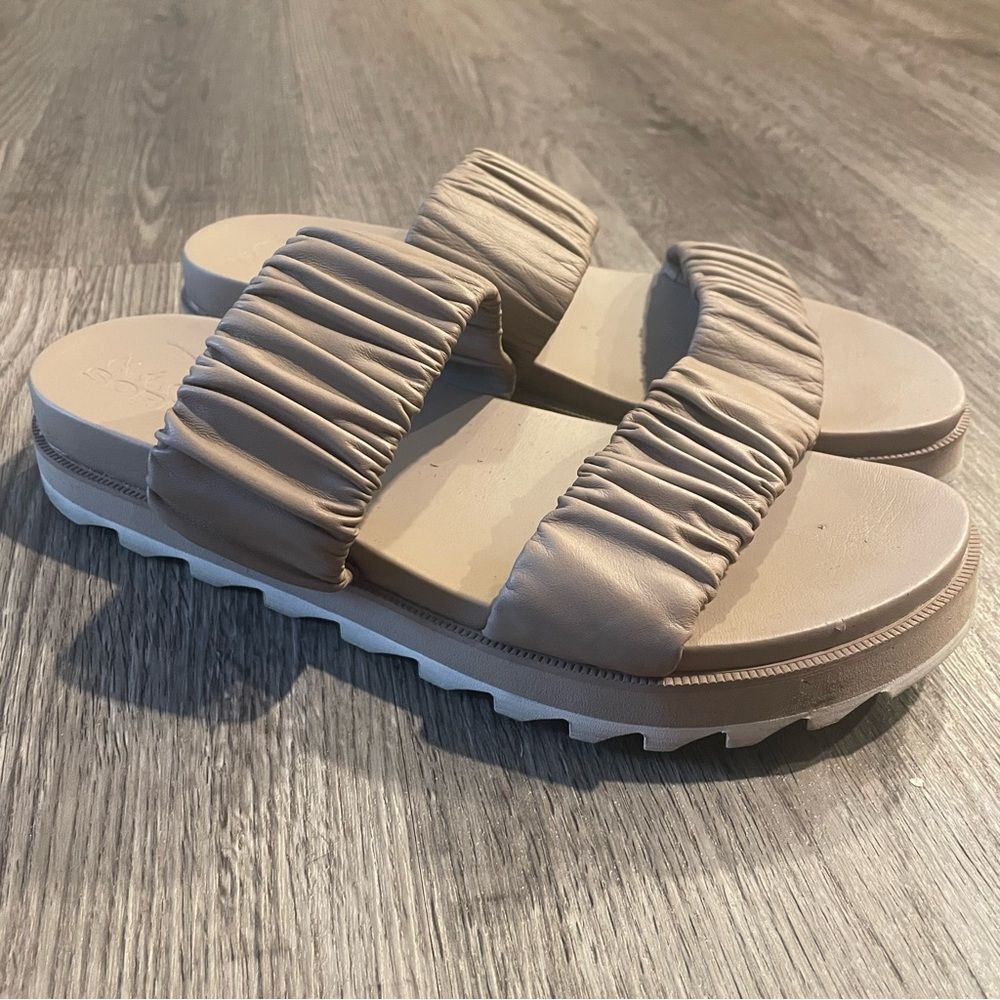 Sorel Beige Ruched Double-Strap Slide Sandals